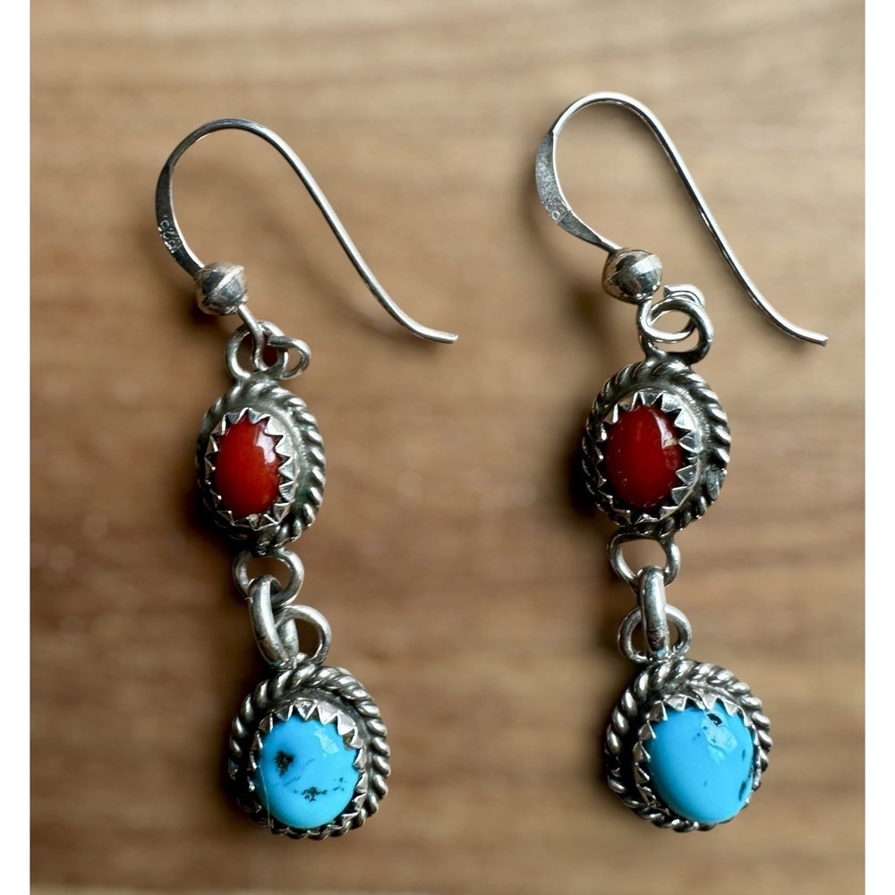 Vintage Navajo Hook Dangle Earrings 1.5 Inch Turquoise Coral 925 Sterling 3.6g